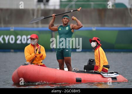 Tokyo, Japan. 07th Aug, 2021. Isaquias QUEIROZ dos SANTOS (BRA) action, final, cheers at the finish, jubilation, cheering, joy, cheers, jumps into the water, is fished out by lifeguards, cheers on board an inflatable boat, winner, winner, Olympic champion, 1st place, gold medal, Gold Medalist, Olympic Champion, Gold Medalist Canoe Sprint, Canoe Sprint MC1, Men`s Canoe Single 1000m, Canadier Eine Maenner, Sea Forest Waterway, on 08/07/2021. Olympic Summer Games 2020, from 23.07. - 08.08.2021 in Tokyo/Japan. Â Credit: dpa/Alamy Live News Stock Photo